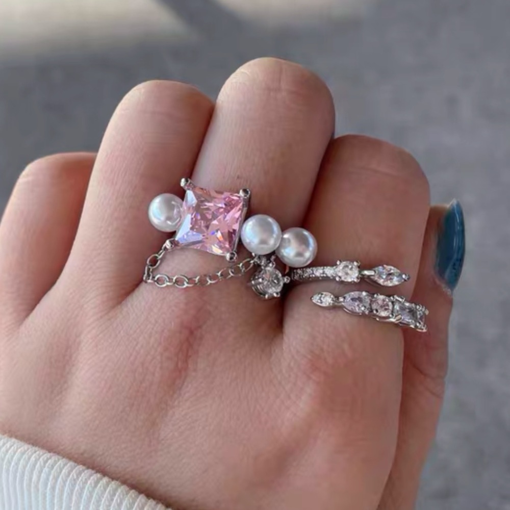 Silver Statement Elegant Pink and Silver Ring with Pearls